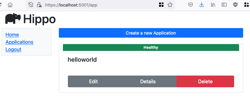 hippo control panel - application page with helloworld preseeded