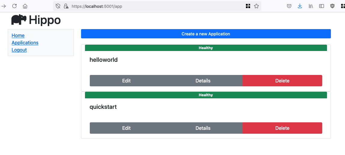 hippo control panel - application page with the quickstart app